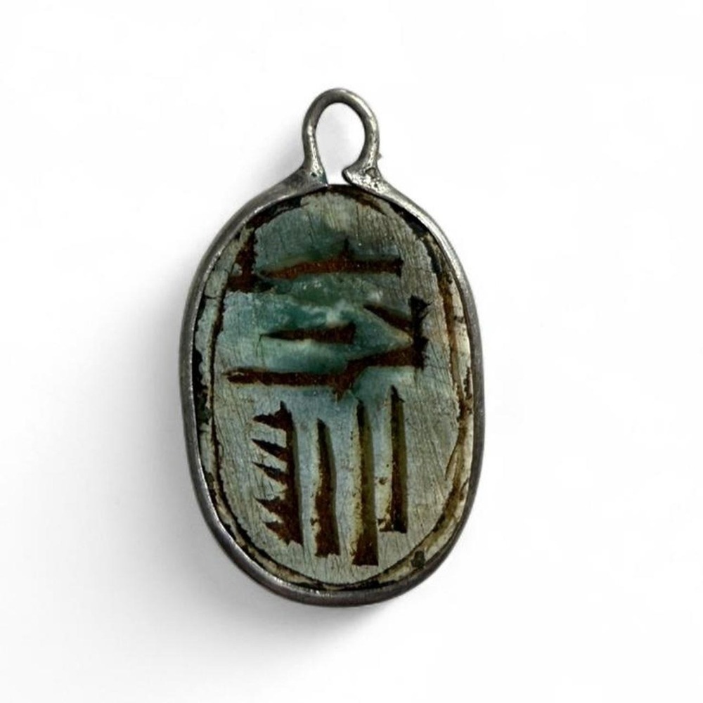 Vintage Egyptian Carved scarab beetle pendant made 1946-1966. Silver lotus stamp